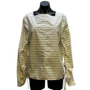 Tibi White & Black Striped Cotton Blouse With Drawstring Sleeves Size 12